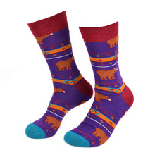 Load image into Gallery viewer, Parquet Men’s Brown Bear Fun Novelty Crew Socks – Purple or Light Blue