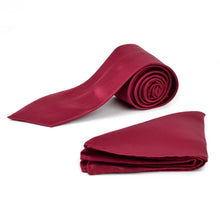 Load image into Gallery viewer, Umo Lorenzo Burgundy Big Striped & Solid Tie with Matching Hanky Gift Box Set – 4pc Formal Polyester Accessory Set