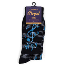 Load image into Gallery viewer, Parquet Men’s Music Notes Novelty Crew Socks – Navy or Black