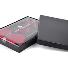 Load image into Gallery viewer, Umo Lorenzo Burgundy Striped & Solid Tie with Matching Hanky Gift Box Set – 4pc Men’s Formal Accessory Set