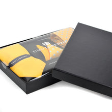 Load image into Gallery viewer, Umo Lorenzo Dotted & Solid Yellow Tie with Matching Hanky Gift Box Set – 4pc Polyester Formalwear Set
