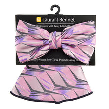 Load image into Gallery viewer, Laurant Bennet Abstract Lines Banded Bow Tie & Matching Hanky Pocket Round Set