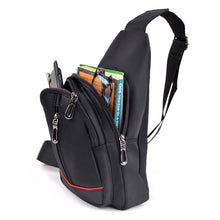 Load image into Gallery viewer, Black Nylon Sling Bag with Red Lining and Zipper Compartments