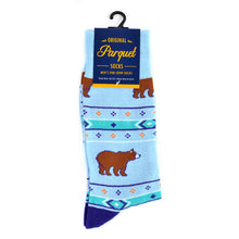 Load image into Gallery viewer, Parquet Men’s Brown Bear Fun Novelty Crew Socks – Purple or Light Blue