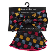 Load image into Gallery viewer, Laurant Bennet Checkered Pattern Banded Bow Tie & Matching Hanky Pocket Round Set