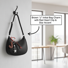 Load image into Gallery viewer, Brown “J” Initial Bag Charm with Red Heart Clip & Star Accent