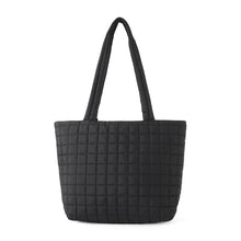 Load image into Gallery viewer, Back view of black quilted puffer-style tote bag