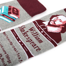 Load image into Gallery viewer, Parquet Men’s William Shakespeare Quote Novelty Crew Socks – Gray & Burgundy