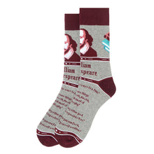 Load image into Gallery viewer, Parquet Men’s William Shakespeare Quote Novelty Crew Socks – Gray & Burgundy