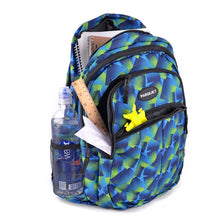 Load image into Gallery viewer, Parquet blue dots novelty backpack packed