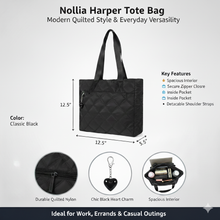 Load image into Gallery viewer, Nollia Harper Black Quilted Nylon Tote Bag with Heart Bag Charm
