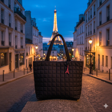 Load image into Gallery viewer, Nollia Camyrn Quilted Nylon Tote Bag with Paris Charm – Black Puffer Shoulder Bag