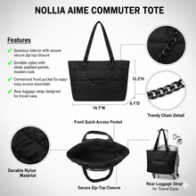 Load image into Gallery viewer, Nollia Aime Black Nylon Commuter Tote with Chain Accent and Luggage Strap