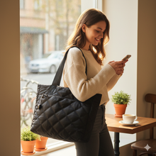 Load image into Gallery viewer, Nollia Harper Black Quilted Nylon Tote Bag with Heart Bag Charm
