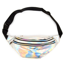 Load image into Gallery viewer, Glossy silver belt bag with adjustable black strap
