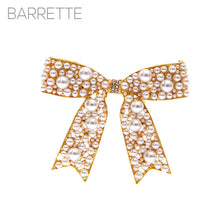 Load image into Gallery viewer, Gold pearl bow barrette by Nollia with multi-size faux pearls