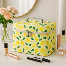 Load image into Gallery viewer, Nollia Large Lemon Print Makeup Train Case – Cosmetic Organizer with Handle & Mirror