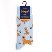 Load image into Gallery viewer, Parquet Men’s Golden Retriever & Paw Print Novelty Crew Socks – Light Blue