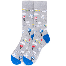 Load image into Gallery viewer, Parquet Men’s “Your Fly” Blimp & Plane Novelty Crew Socks – Gray