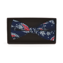 Load image into Gallery viewer, Navy floral paisley bow tie boxed and ready to wear