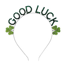 Load image into Gallery viewer, Nollia silver rhinestone "Good Luck" headband with green shamrocks