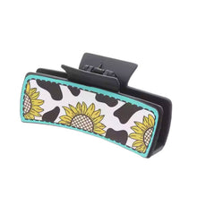Load image into Gallery viewer, Nollia sunflower cow print hair claw clip on white background