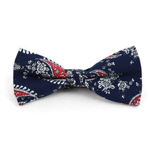 Load image into Gallery viewer, Parquet paisley cotton banded bow tie with navy and red design