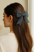 Load image into Gallery viewer, Nollia Rhinestone Suede Black Crystal Bow Barrette – Elegant Sparkling Hair Clip