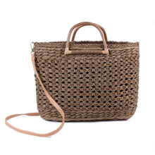 Load image into Gallery viewer, Rattan tan tote bag with detachable strap and wooden top handle