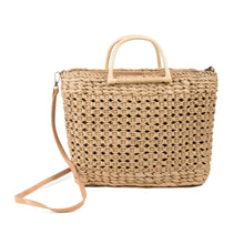 Load image into Gallery viewer, Rattan straw tote bag with detachable strap and wooden top handle