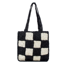 Load image into Gallery viewer, Nollia Patch Square Straw Tote Bag in Black and White