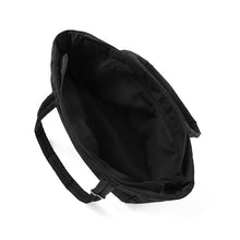 Load image into Gallery viewer, Top view of black commuter tote bag showing spacious zippered interior compartment.