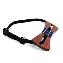 Load image into Gallery viewer, Men's Wooden Bow Tie, Plaid Fabric Centerpiece with Elastic Adjustable Strap
