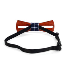 Load image into Gallery viewer, Men's Wooden Bow Tie, Plaid Fabric Centerpiece with Elastic Adjustable Strap