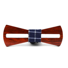 Load image into Gallery viewer, Men's Wooden Bow Tie, Plaid Fabric Centerpiece with Elastic Adjustable Strap