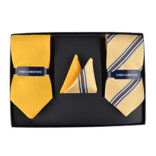 Load image into Gallery viewer, Umo Lorenzo Yellow Striped & Solid Tie with Matching Hanky Gift Box Set – 4pc Formal Accessory Collection