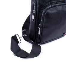 Load image into Gallery viewer, Black PU Leather Sling Bag with Zipper Compartments and Silver Accents