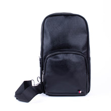 Load image into Gallery viewer, Black PU Leather Sling Bag with Zipper Compartments and Silver Accents