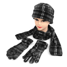 Load image into Gallery viewer, mannequin wearing Cozy winter accessory set featuring plaid hat, scarf, and gloves