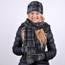 Load image into Gallery viewer, model wearing Cozy winter accessory set featuring plaid hat, scarf, and gloves