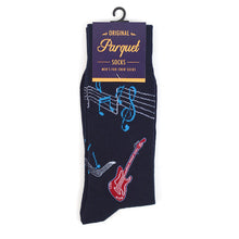 Load image into Gallery viewer, Parquet Men’s Guitar & Music Notes Novelty Crew Socks – Black or Navy