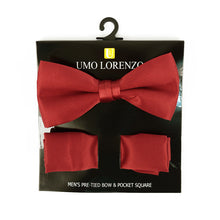 Load image into Gallery viewer, Umo Lorenzo Poly Satin Banded Bow Tie & Hanky Set – 22 Color Options