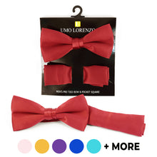 Load image into Gallery viewer, Umo Lorenzo Poly Satin Banded Bow Tie & Hanky Set – 22 Color Options