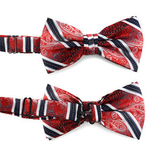 Load image into Gallery viewer, Laurant Bennet Red & Black Banded Bow Tie & Matching Round Hanky Set