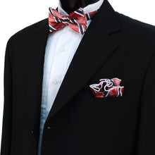Load image into Gallery viewer, Laurant Bennet Red & Black Banded Bow Tie & Matching Round Hanky Set