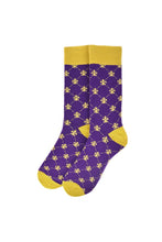Load image into Gallery viewer, Feraricci Men’s Fleur-de-lis Novelty Crew Socks with Dotted Line – Yellow, Black, or Purple