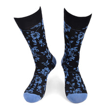 Load image into Gallery viewer, Parquet Men’s Blue Floral Pattern Novelty Crew Socks – Black & Blue