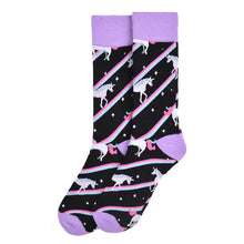 Load image into Gallery viewer, Parquet Men’s Unicorn Design Novelty Crew Socks – Black & Lavender