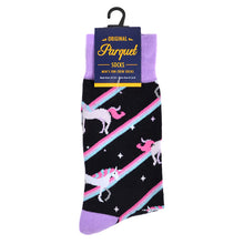 Load image into Gallery viewer, Parquet Men’s Unicorn Design Novelty Crew Socks – Black & Lavender