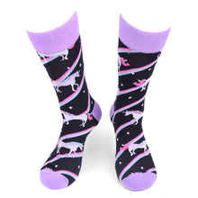 Load image into Gallery viewer, Parquet Men’s Unicorn Design Novelty Crew Socks – Black & Lavender